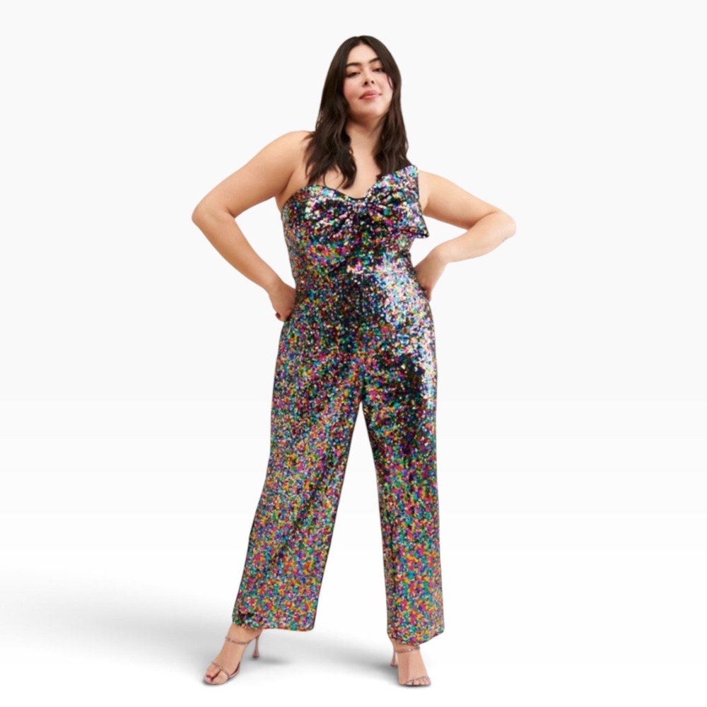 Anthropologie Hutch Bow Front Sequined Jumpsuit Multi Color Glam Party 18W Plus